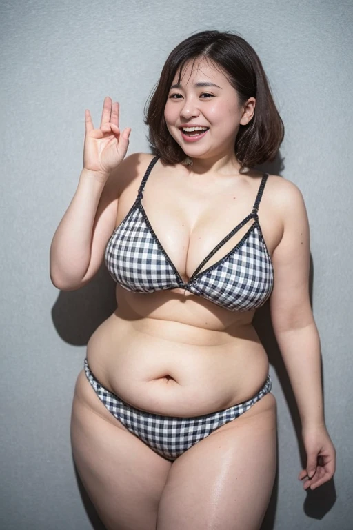 Colorful checkered micro bikini、Photo studio、Gray wall、Sexy poseで立つ、Tight waist、((Big ample breasts))、Laughter、Raise your hand、Sexy pose、((((Thick body))))、Excessive sweating all over the body、