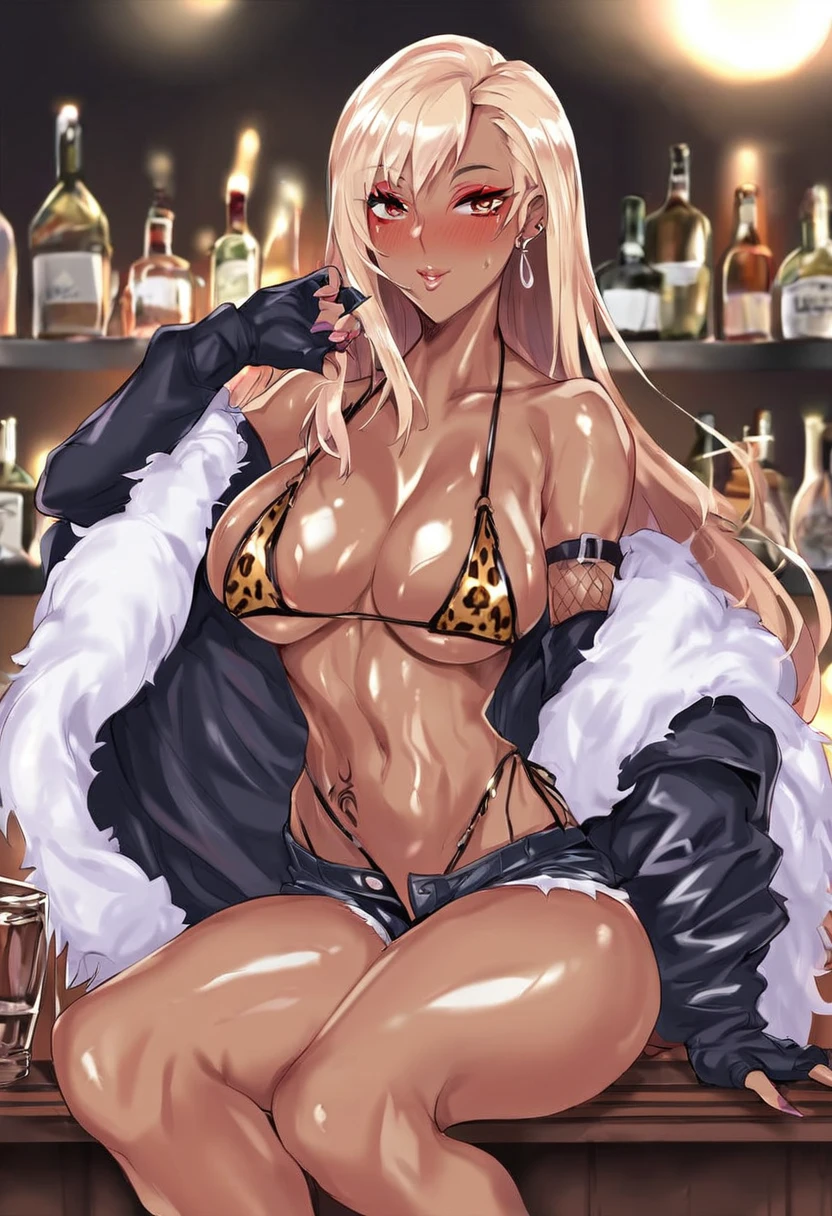 score_9, score_8_up, score_7_up, uncensored, source_anime, 1girl, solo, BREAK gyaru, tifa_lockhart, very dark skin, dark-skinned female, makeup, eyeshadow, long eyelashes, piercings, tattoos, colored skin, jet-black skin, shiny skin, metalic tan, oiled skin, BREAK, detailed eyes, solo, latex bikini, jacket, leopard print, fur shawl, short shorts, blush, sitting, in bar, night time, drunk, glass