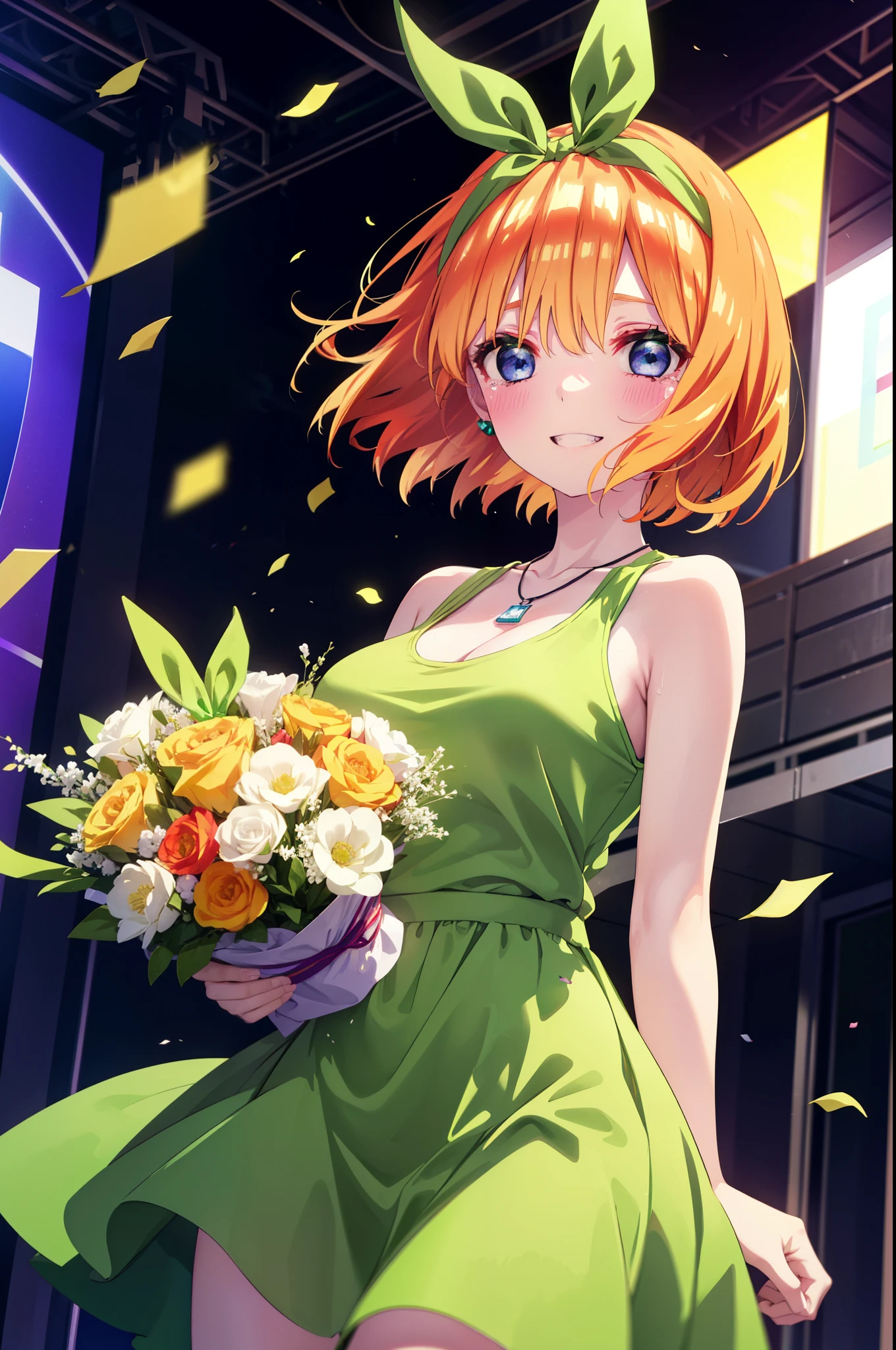 yotsubanakano, Yotsuba Nakano, bangs, short hair, blue eyes, Hair between the eyes, hair ribbon, hair band, Orange Hair, (Green ribbon:1.5), smile, Grin,Star hair ornament,smile,blush,Green sleeveless dress,Long skirt,Red Pin Heel,Sleeveless,Expose your shoulders,Bare arms,Bare neck,bare clavicle,Heart Necklace,Tears stream down her face,Tears of joy,I cry a lot,holding a large bouquet of flowers in each hand,Confetti,There is a birthday cake on the table,
break indoors, on stage,venue,
break looking at viewer, (Cowboy Shot:1.5),
break (masterpiece:1.2), highest quality, High resolution, unity 8k wallpaper, (shape:0.8), (Beautiful details:1.6), Highly detailed face, Perfect lighting, Extremely detailed CG, (Perfect hands, Perfect Anatomy),