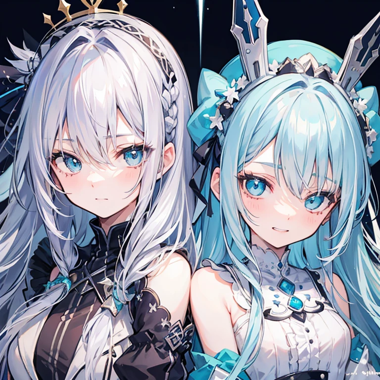 streaked hair, silver hair, light blue streaks, silver hair, ahoge, asymmetrical hair, hair between eyes, crossed bangs, hair over shoulder, long hair, crown braid, wavy hair, expressive hair, beret, hair ribbon, raised eyebrows, closed eyes, wince, aqua eyes, smile, expressions, smiley, happy, light blush, fingersmile, excited, teeth, Surrealism, anime, Expressionism, sparkle, bloom, masterpiece, anatomically correct, high details, best quality, award winning