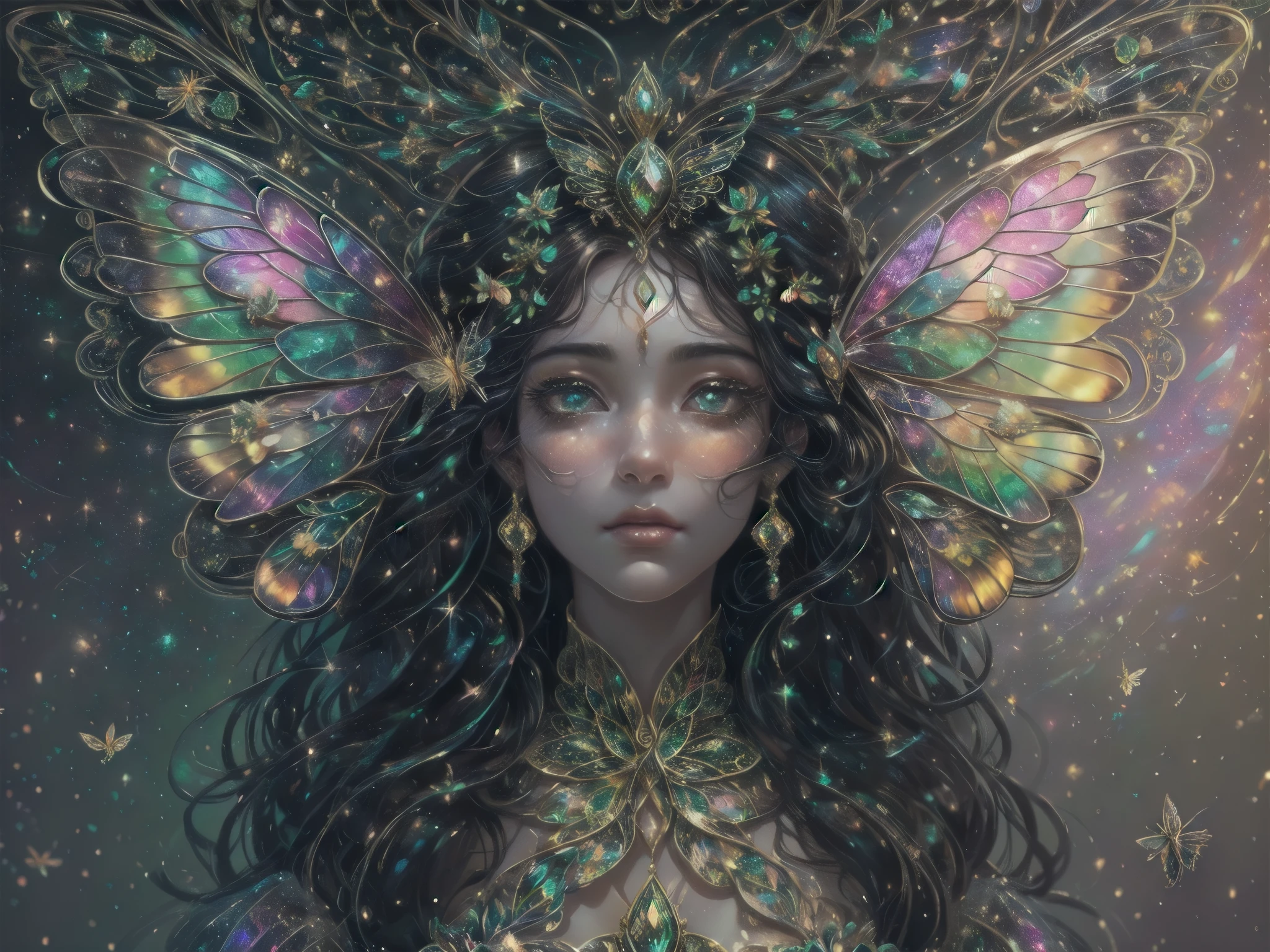 This is a realistic fantasy masterpiece with lots of shimmer, glitter, and intricate ornate detail. Generate one woman with a beautiful and delicate crown sitting on a garden swing at night. She is a beautiful and seductive butterfly queen with stunning curly black hair, (((incredibly realistic and detailed dynamic eyes in bright colors with realistic shading))). Her skin is translucent white, her eyes sparkle, and her dress is elegant. Her dress is spun of the finest gossamer silk with delicate, intricate, and subtle floral detailing and gold silk butterfly sleeves. Her face is lovely and . Include glow-in-the-dark flowers, lots of particles, highly realistic fantasy butteflies with translucent jewel-toned wings and fine detailing, and glow. The artwork is done in the style of Guviz and brings to mind masters in the genre such as trending fantasy works on Artstation and Midjourney. Camera: Utilize dynamic composition techniques to emphasize etherealness and delicate detail.