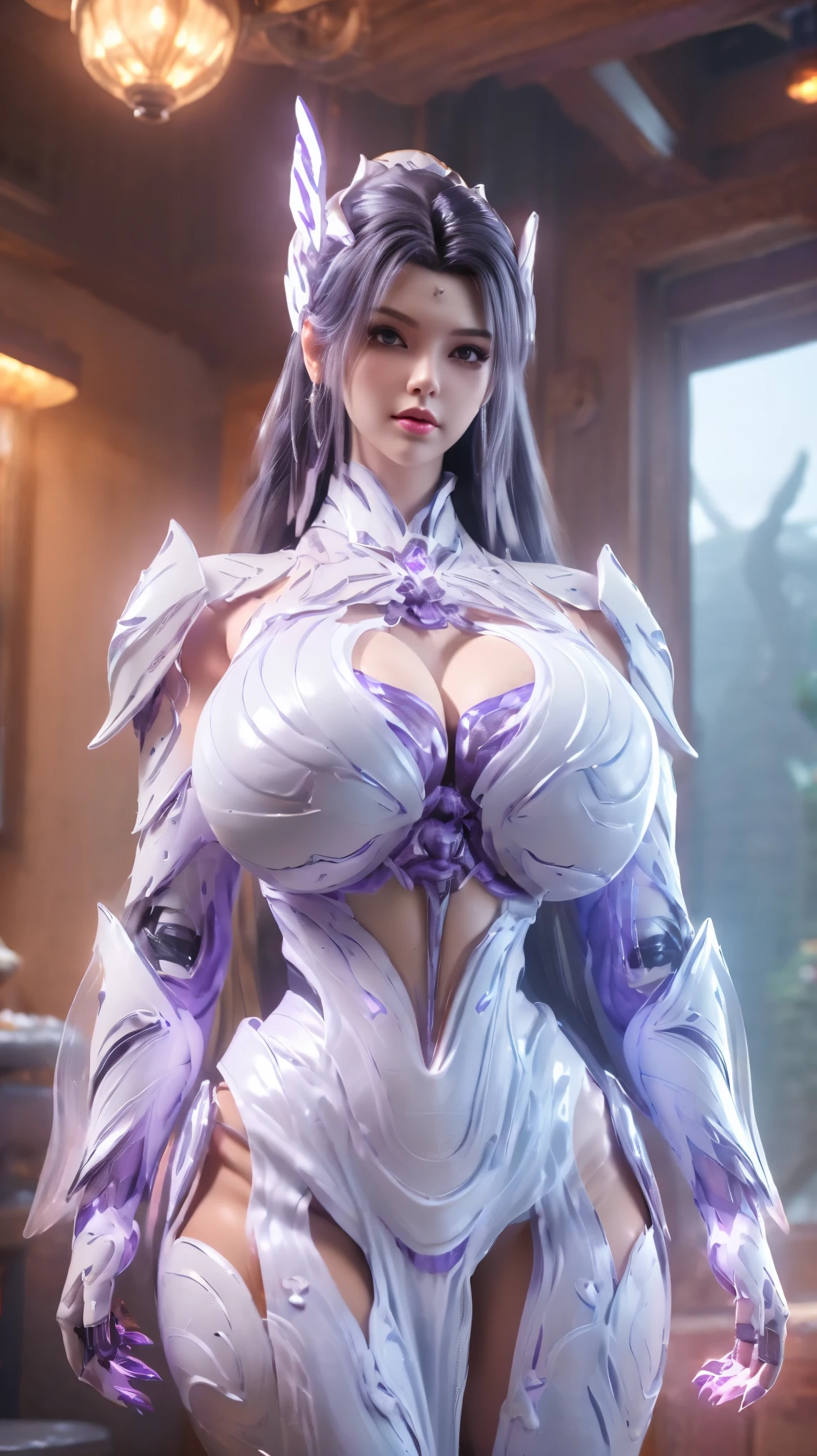 A BUSTY MILF, CLOSE UP UPPER BODY,SOLO,(WHITE STRAIGHT HAIR), (MASSIVE FAKE BOOBIES,CLEAVAGE TOP,MUSCULAR ABS:1.5), ((WEARING OUTFIT MECHA (LED PURPLE,WHITE,BLACK SNINY),BIKINI ARMOR SUIT:1.5)),(CURVY VOLUPTUOUS BODY SHAPE:1.5), (SWEAT BODYSKIN:1.5), (LOOKING AT VIEWER:1.6), (BACKGROUND FUTURISTIC SPACE STATION:1), (PHOTOREALSITIC:1.4), (ULTRA-DETAILLIERT), (TOP-QUALITY), (BEST SHADOWS), BRIGHT LIGHT IN ROOM, HYPER TEXTURE, (4X MSAA), ((UNREAL ENGINE 5 RENDER)), PHYSICALLY-BASED RENDERING, ULTRA HIGHT DEFINITION, 16K, 1080P.