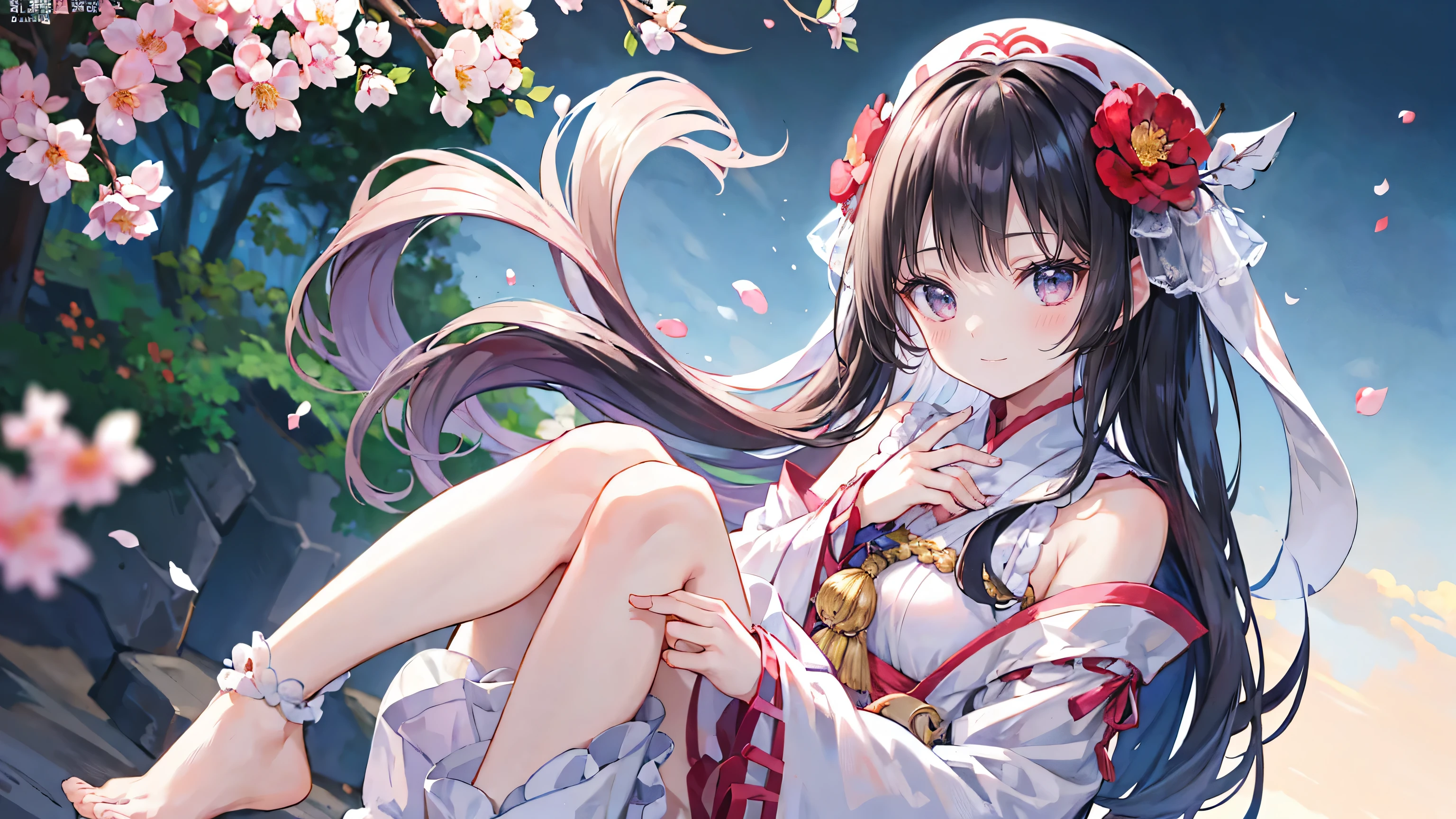 Normal of chest、masterpiece、8K wallpapers incorporating detailed CG、Two girls and two boys、、Baby Face、bemile、、Genuine、Blurred、Blurred_background、Blurred_prospect、branch、Plum offlower、depth_of_Field、flower、gem、nose、Realistic、pale black hair、alone、Shrine maiden costume、Hide your fingers、Hide your arms、Just put on a bra、whole body、Long Hair、Straight bangs、