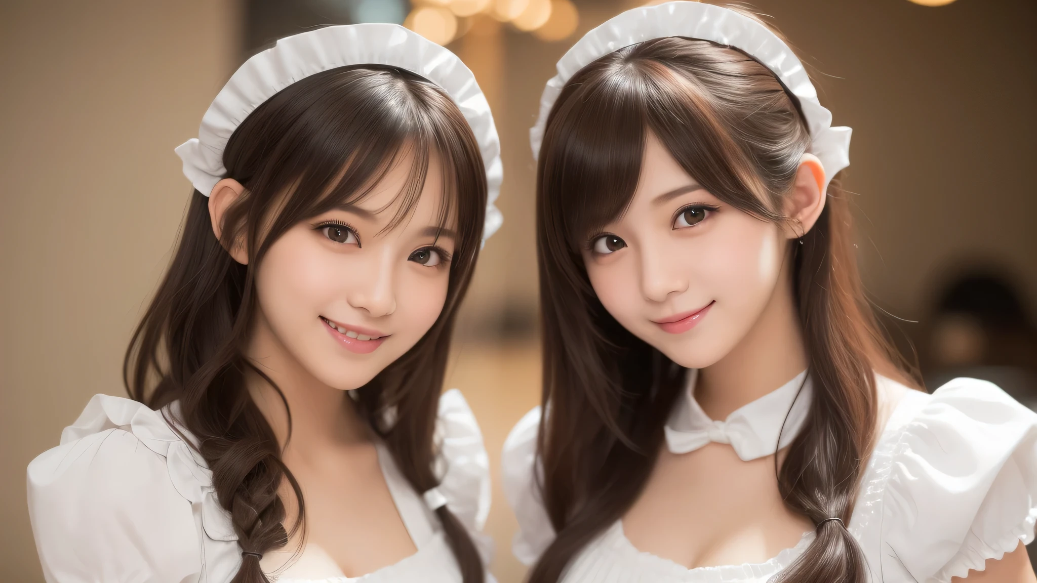 (2girl:1.3), (cute smile:1.2), (extremely detailed beautiful face), (highly detailed eyes, highly detailed face), (costume, ruffle costume:1.2), Fresh, very clean appearance, (best Quality:1.4), (hyper-realistic, hight resolution), Professional Photography, standing, Indoor, (maid cafe), Close up portrait of girl, staring at me, (Fine face:1.2), 