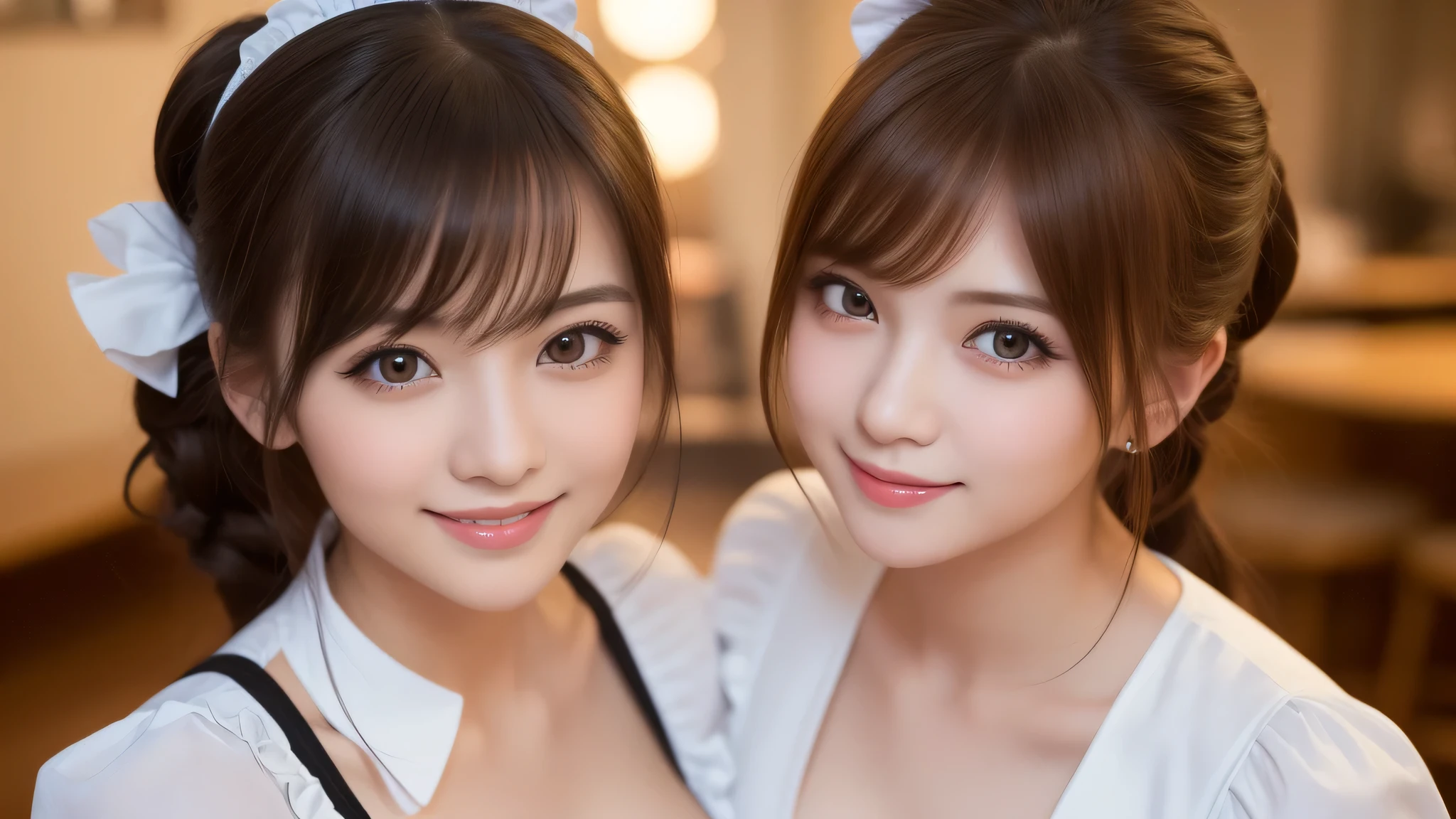 (2girl:1.3), (cute smile:1.2), (extremely detailed beautiful face), (highly detailed eyes, highly detailed face), (maid costume:1.2), Fresh, very clean appearance, (best Quality:1.4), (hyper-realistic, hight resolution), Professional Photography, standing, Indoor, (maid cafe), Close up portrait of girl, staring at me, cleavage, (Fine face:1.2),
