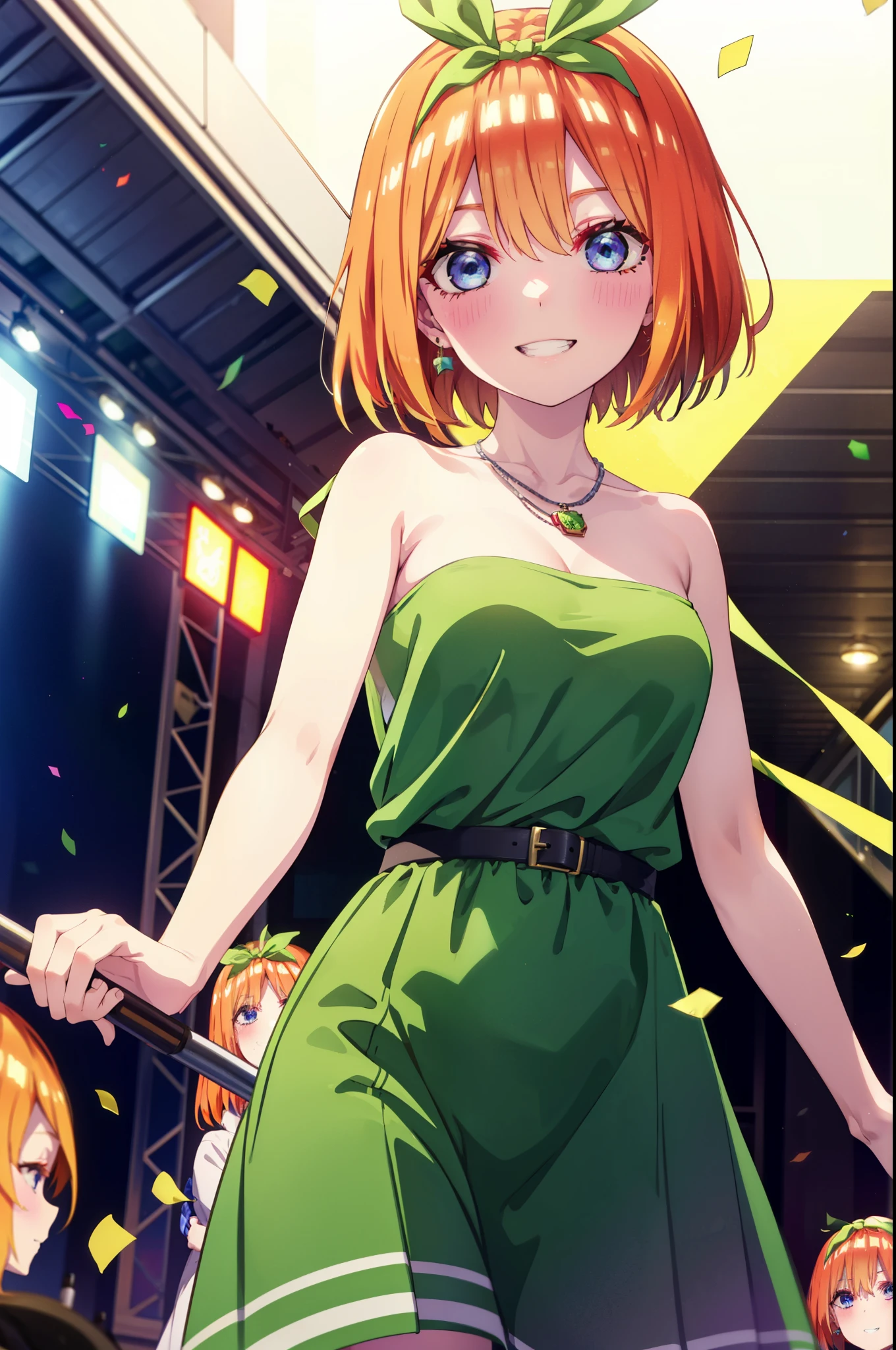 yotsubanakano, Yotsuba Nakano, bangs, short hair, blue eyes, Hair between the eyes, hair ribbon, hair band, Orange Hair, (Green ribbon:1.5), smile, Grin,Star hair ornament,smile,blush,Green sleeveless dress,Long skirt,Red Pin Heel,Sleeveless,naked,nakedの腕,nakedの首,nakedの鎖骨,Locket Necklace,Confetti,There is a birthday cake on the table,
break indoors, on stage,venue,
break looking at viewer, (Cowboy Shot:1.5),
break (masterpiece:1.2), highest quality, High resolution, unity 8k wallpaper, (shape:0.8), (Beautiful details:1.6), Highly detailed face, Perfect lighting, Extremely detailed CG, (Perfect hands, Perfect Anatomy),
