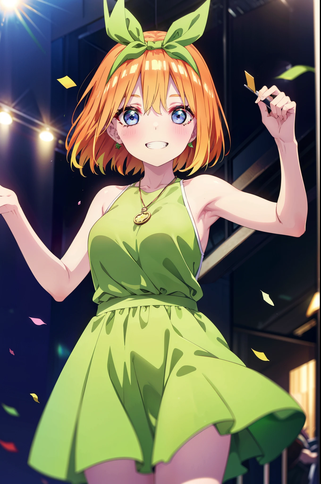 yotsubanakano, Yotsuba Nakano, bangs, short hair, blue eyes, Hair between the eyes, hair ribbon, hair band, Orange Hair, (Green ribbon:1.5), smile, Grin,Star hair ornament,smile,blush,Green sleeveless dress,Long skirt,Red Pin Heel,Sleeveless,naked,nakedの腕,nakedの首,nakedの鎖骨,Locket Necklace,Confetti,There is a birthday cake on the table,
break indoors, on stage,venue,
break looking at viewer, (Cowboy Shot:1.5),
break (masterpiece:1.2), highest quality, High resolution, unity 8k wallpaper, (shape:0.8), (Beautiful details:1.6), Highly detailed face, Perfect lighting, Extremely detailed CG, (Perfect hands, Perfect Anatomy),