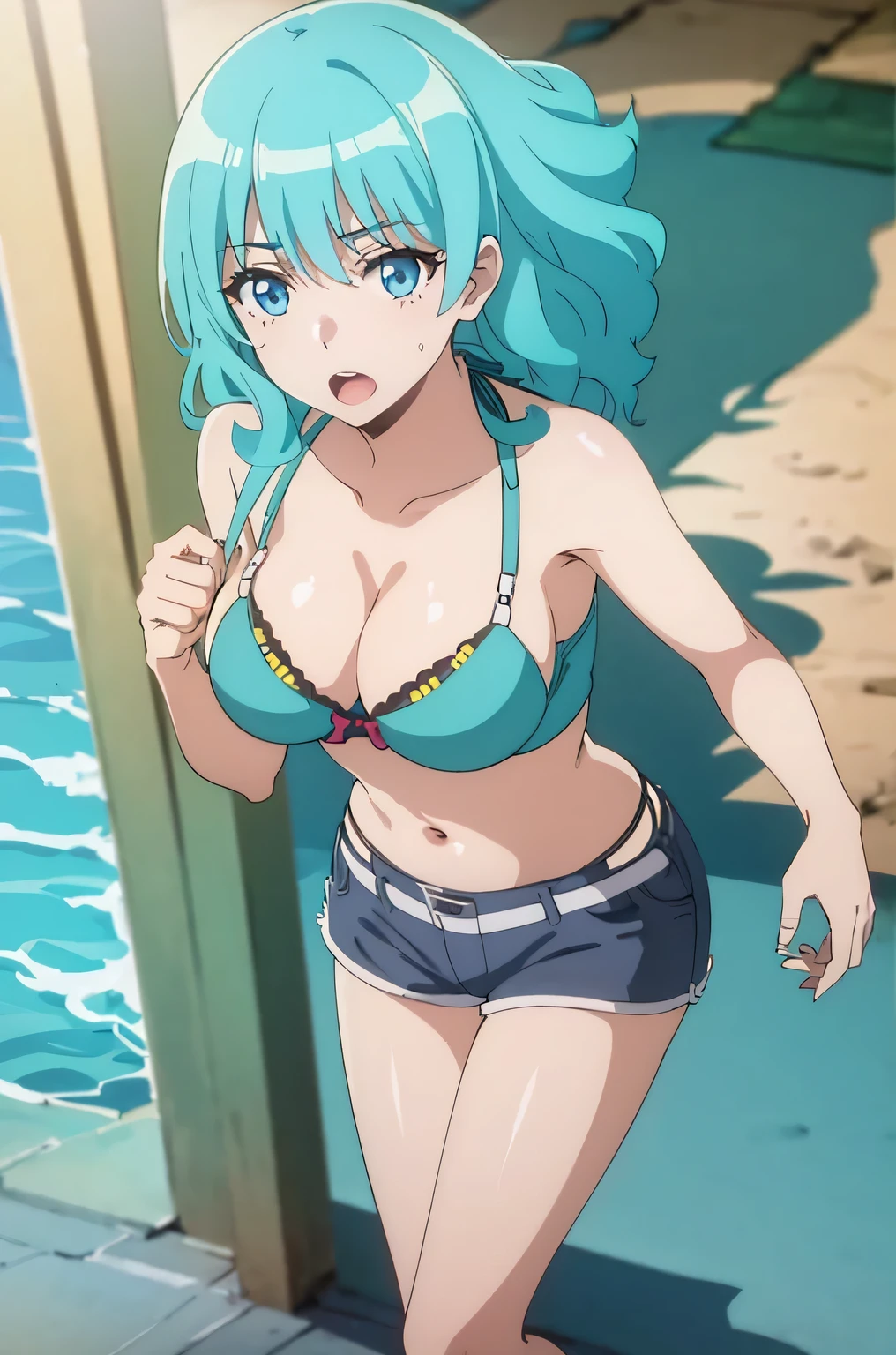 ((1girl)),aqua hair, medium hair, blue eyes, ((((bikini,bra,shorts))))