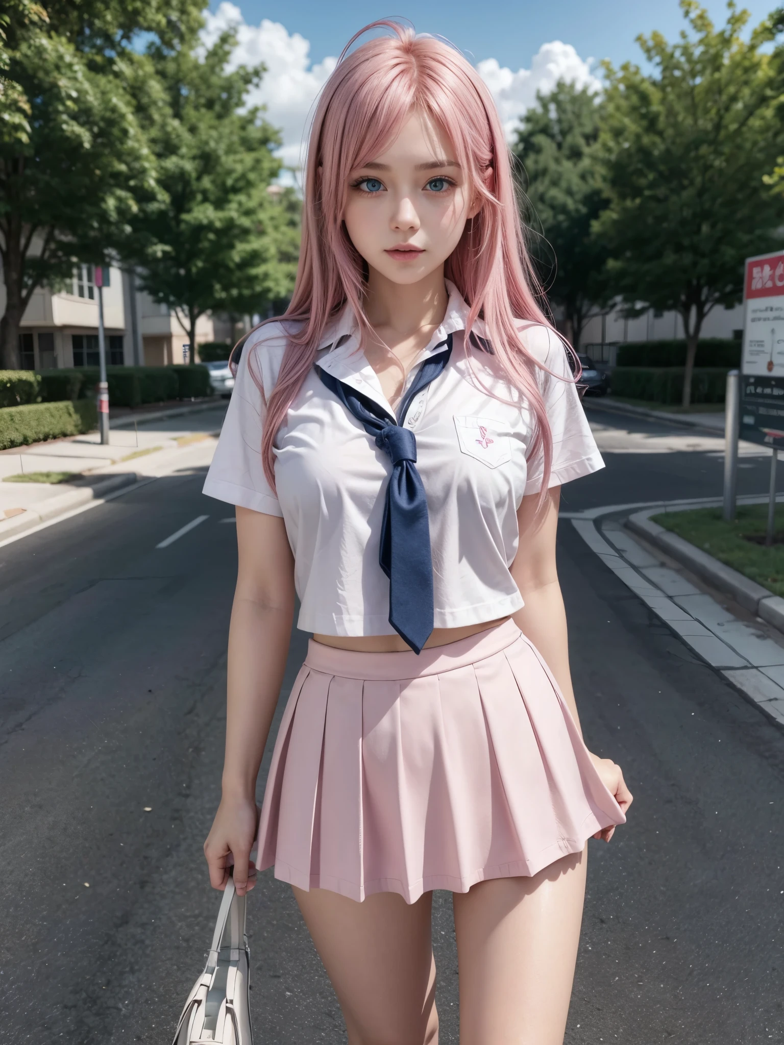 Hot girl, pink hair, blue eyes , sexy, school clothes, mini skirt