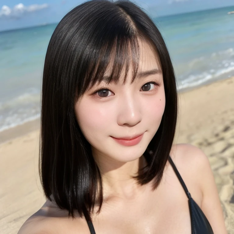 (kawaii 24 year-old Japanese girl, Nogizaka idol, Korean idol), (glossy black hair, medium bob, bangs:1.3), (deep black eyes, rounded face, single eyelid, no makeup, soft smiling:1.2), (wearing bikini swimwear:1.3), (extra small breasts:0.9), (looking at camera:1.2), BREAK, (beach side background, summer daytime:1.3), (dynamic angle, bust shot:1.3), BREAK, (masterpiece, best quality, photo realistic, official art:1.4), (UHD, 8K quality wallpaper, high resolution, raw photo, golden ratio:1.3), (shiny skin), professional lighting, physically based rendering, award winning, (highly detailed skin, extremely detailed face and eyes), Carl Zeiss 85 mm F/1.4, depth of field, 1girl, solo,