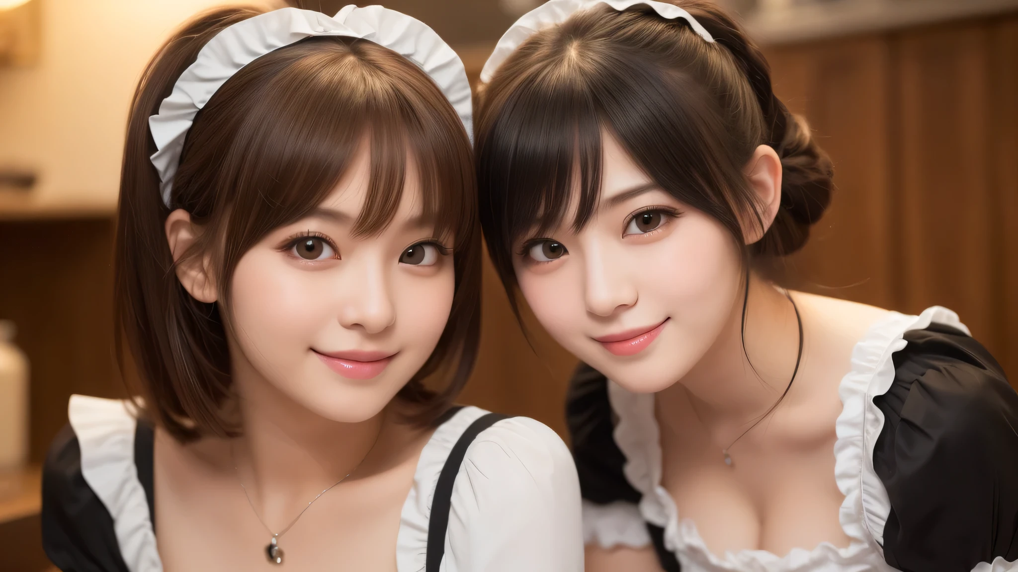 (2girl:1.3), (cute smile:1.2), (extremely detailed beautiful face), (highly detailed eyes, highly detailed face), (costume, ruffle costume:1.2), Fresh, very clean appearance, (best Quality:1.4), (hyper-realistic, hight resolution), Professional Photography, standing, Indoor, (maid cafe), Close up portrait of girl, staring at me, cleavage, (Fine face:1.2), 
