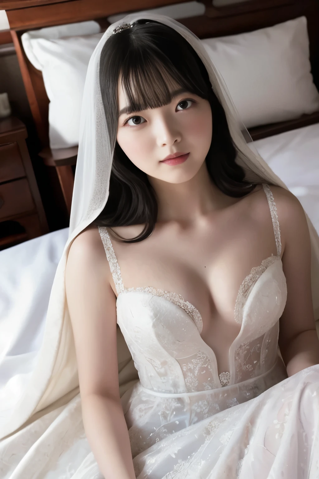 Masterpiece、highest quality、Photo realistic、Woman 1、Super detailed、View from directly above　Black Hair、Straight Hair、Light bangs　Wedding dress、White Veil　Cleavage　Lie down on the bed　White sheets、White bed