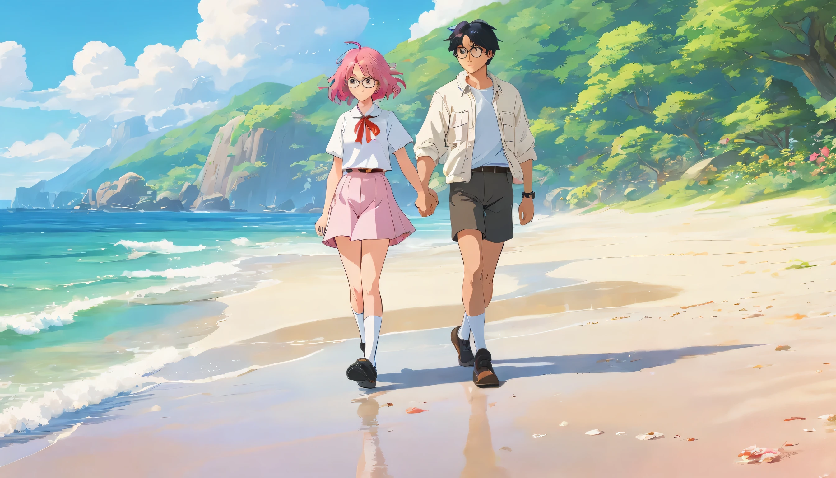 the romance between a young couple immersed in the beauty of nature. Detailed digital art and exquisite painting techniques bring their love story to life. The stunning floral background features a delicate gradient that adds depth and allure, (best quality,realistic),(male ),(black hair,green eyes,glasses),(casual white outfit),(white short sleeved jacket),(tan cargo pants), (black shoe) ,,,(female teenpink hair, brown eys) (white skirt)(black socks) on the beach, couple walking on the beach