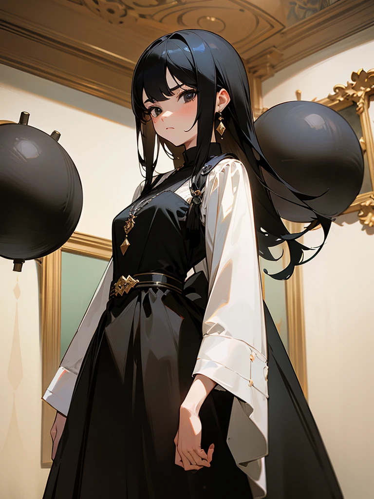 1girl, black hair, black eyes, unhappy, dress, ball room, masterpiece, beautiful face, detailed eyes, clean fingers, standing upright, detailed background