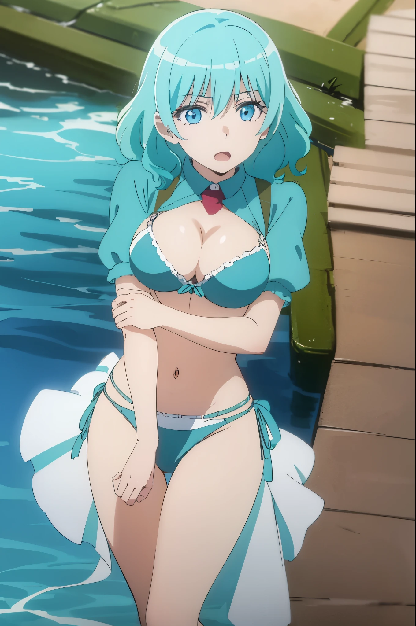 ((1girl)),aqua hair, medium hair, blue eyes, ((((bikini,bra,))))