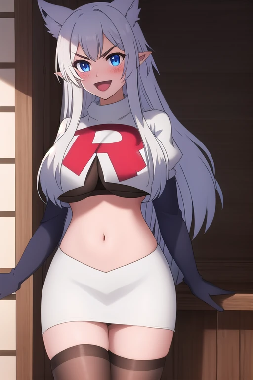 sysdeep_fenrys, 1girl, solo, long_hair, breasts, blush, bangs, blue_eyes, large_breasts, white_hair, :d, sidelocks, choker, pointy_ears, v-shaped_eyebrows, anime_coloring, team rocket,team rocket uniform,white skirt,red letter R,crop top,black thigh-highs,black elbow gloves