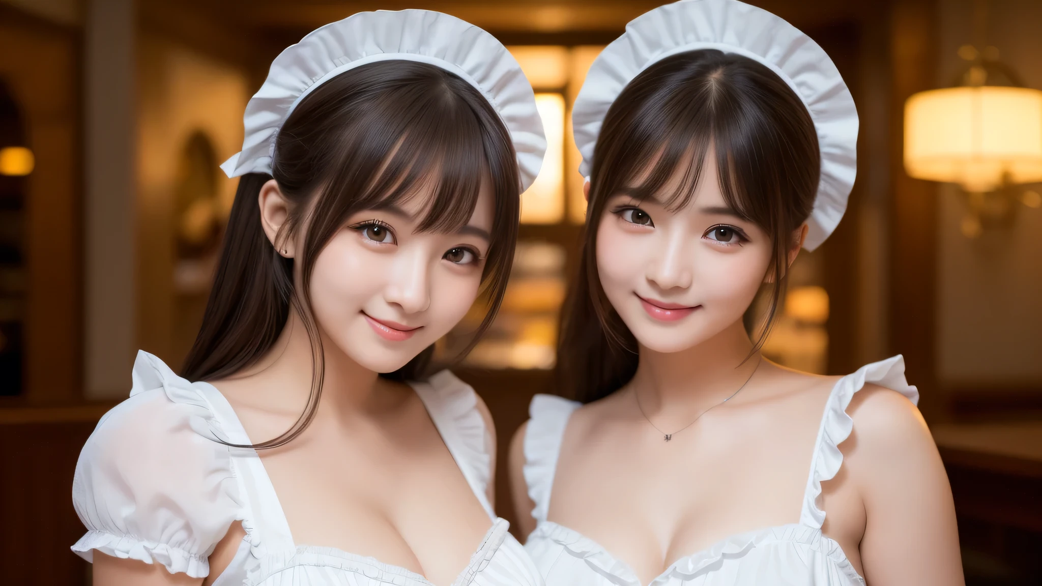 (2girl:1.3), (cute smile:1.2), (extremely detailed beautiful face), (highly detailed eyes, highly detailed face), (costume, ruffle costume:1.2), Fresh, very clean appearance, (best Quality:1.4), (hyper-realistic, hight resolution), Professional Photography, standing, Indoor, (maid cafe), Close up portrait of girl, staring at me, cleavage, (Fine face:1.2),