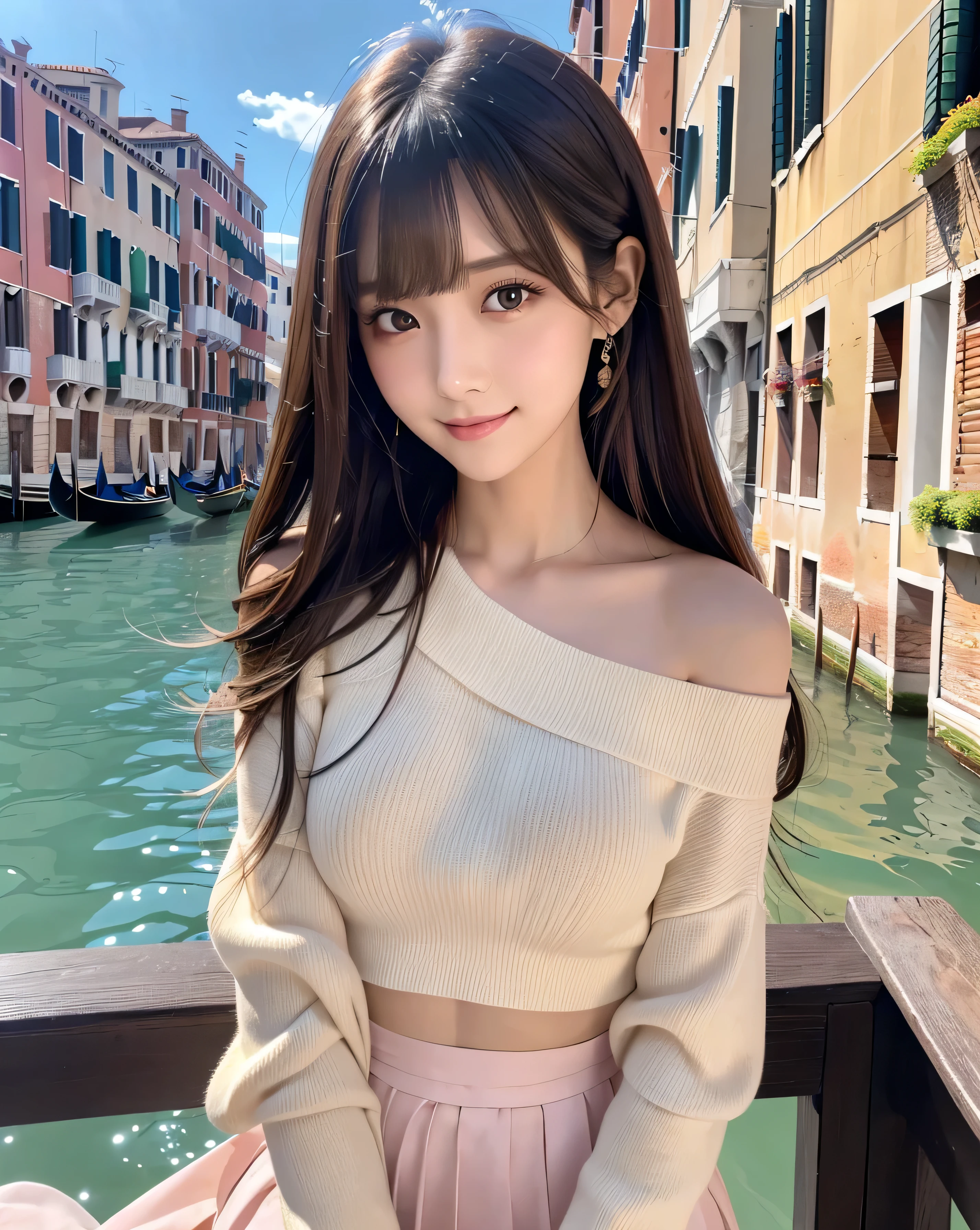 (highest quality, 32k, High resolution:1.5, Masterpiece:1.5, ), marimo_jet, Transparent air, An award-winning masterpiece with incredible detail, Beautiful Japanese Girls, An exceptionally beautiful face, Shiny brown hair, ((Beautifully groomed super long silk hair)), Asymmetrical bangs, Hair between the eyes, Beautifully trimmed, thin eyebrows, Magical big eyes, Beautiful double eyelids, Smooth and clear white skin, Pale pink detailed lips, Natural Makeup, Rich expression of emotions, Motherhood and generosity, Overflowing affection, A gentle smile, Brown off-the-shoulder knit sweater, Black pleated skirt, sit, Absolute area, Slim figure with ample breasts, High resolutionの美しい太もも, ((Streets of Venice)), Deck Terrace, sit, ((Illuminated by the gentle sunlight)), detailed blue sky, Professional Lighting, Professional Photographer, Professional models, mysterious