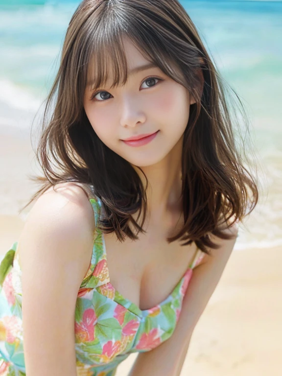 Photo-realistic quality、Close-up of a woman in a summer dress posing on the beach, ２０Japan--old el、 Cute beautiful face, Realistic young gravure idol, Cute seductive smile, Beautiful Japanese girl face, Young and cute gravure idol, Young Sensual Gravure Idol, A soft and gentle look、looking at the camera、Detailed and beautiful eyes