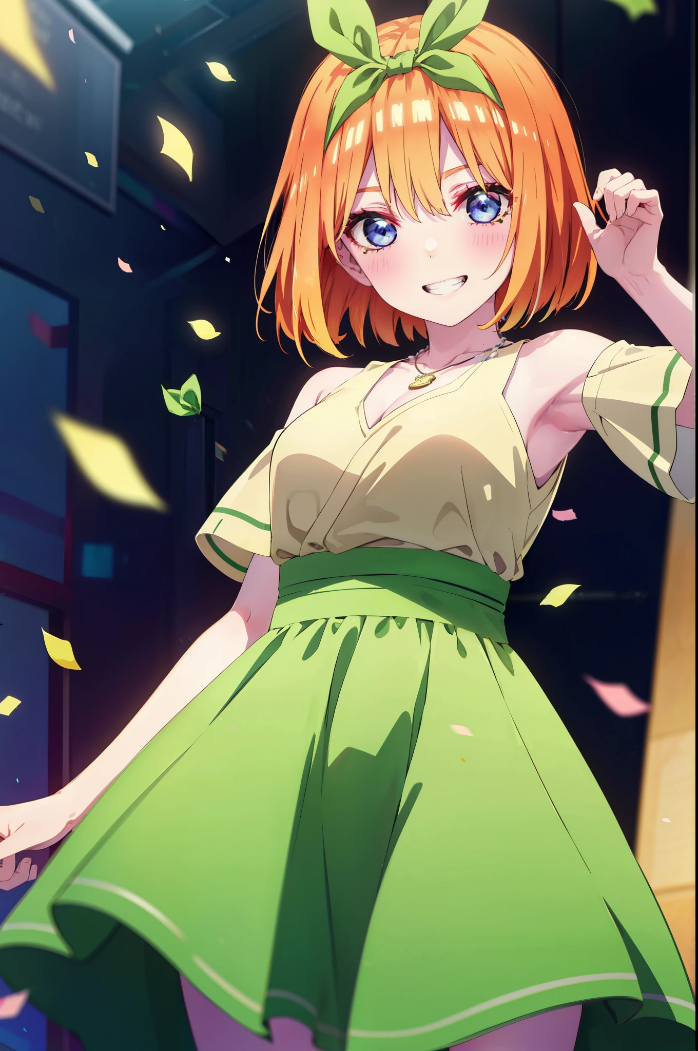 yotsubanakano, Yotsuba Nakano, bangs, short hair, blue eyes, Hair between the eyes, hair ribbon, hair band, Orange Hair, (Green ribbon:1.5), smile, Grin,Star hair ornament,smile,blush,Green sleeveless dress,Long skirt,Red Pin Heel,Sleeveless,naked,nakedの腕,nakedの首,nakedの鎖骨,Locket Necklace,Confetti,There is a birthday cake on the table,
break indoors, on stage,venue,
break looking at viewer, (Cowboy Shot:1.5),
break (masterpiece:1.2), highest quality, High resolution, unity 8k wallpaper, (shape:0.8), (Beautiful details:1.6), Highly detailed face, Perfect lighting, Extremely detailed CG, (Perfect hands, Perfect Anatomy),