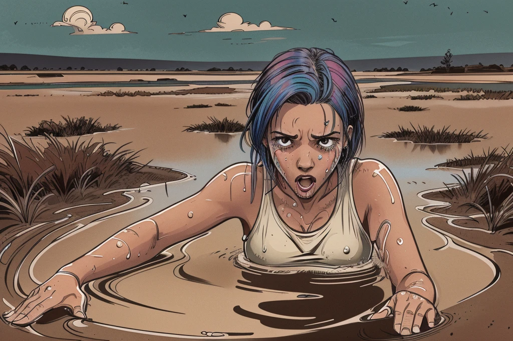 (vector image:1.2), (best quality), (highres), (masterpiece), (young  girl head), (gloomy orgasm:1.1),(colored hair), (blush), (sporty top), (completely drowned in quicksand bog), (red), tattoo, tears,sky