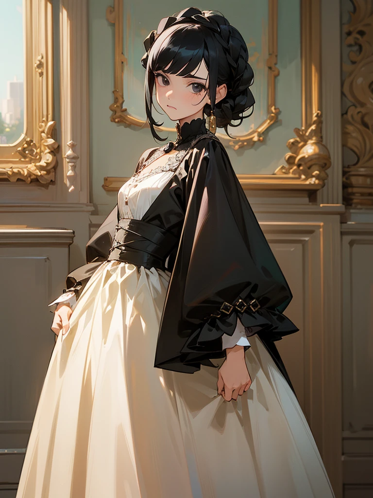 1girl, black hair, black eyes, unhappy, dress, ballroom, masterpiece, beautiful face, detailed eyes, clean fingers, standing upright, detailed background