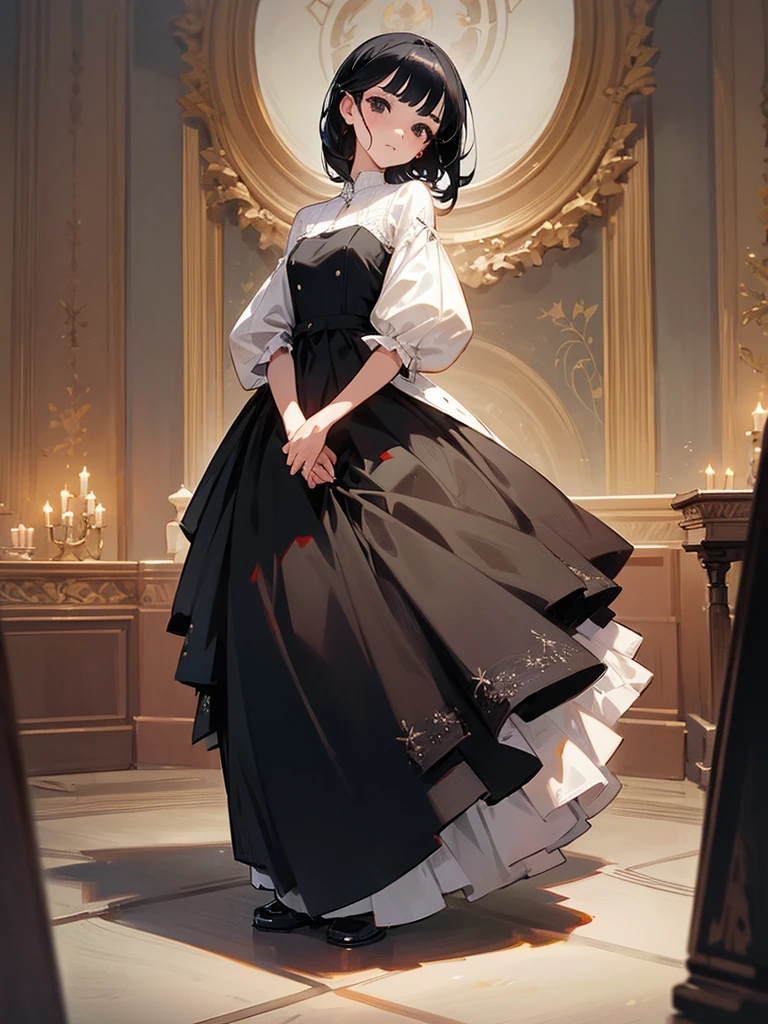 1girl, black hair, black eyes, unhappy, dress, ballroom, masterpiece, beautiful face, detailed eyes, clean fingers, standing upright, detailed background