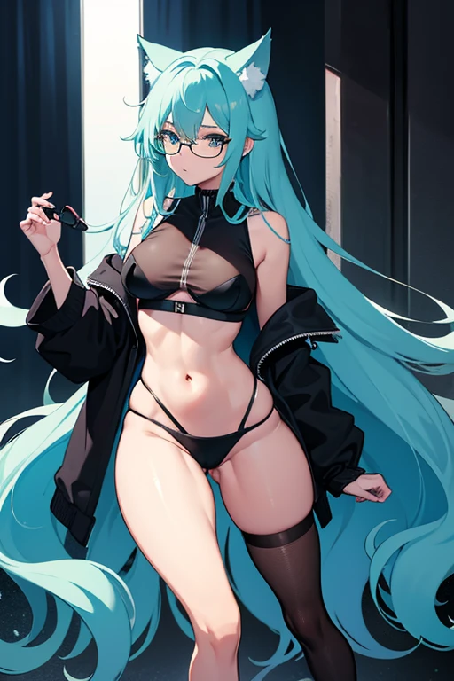 hot girl, beautiful long cyan hair, wearing glasses, cyan eyes, sexy black bikini, big but medium breasts,  a black jacket no panties and long black transparent socks, wolf ears, 