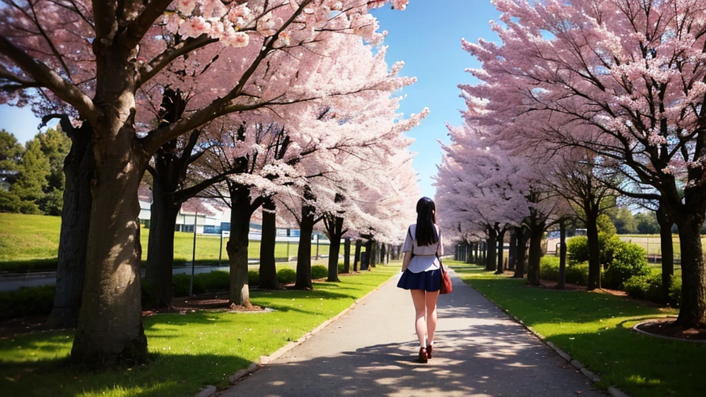 Back view of a girl standing in front of a cherry tree　SakuraFubuki　beautiful　beautiful　Anime Style