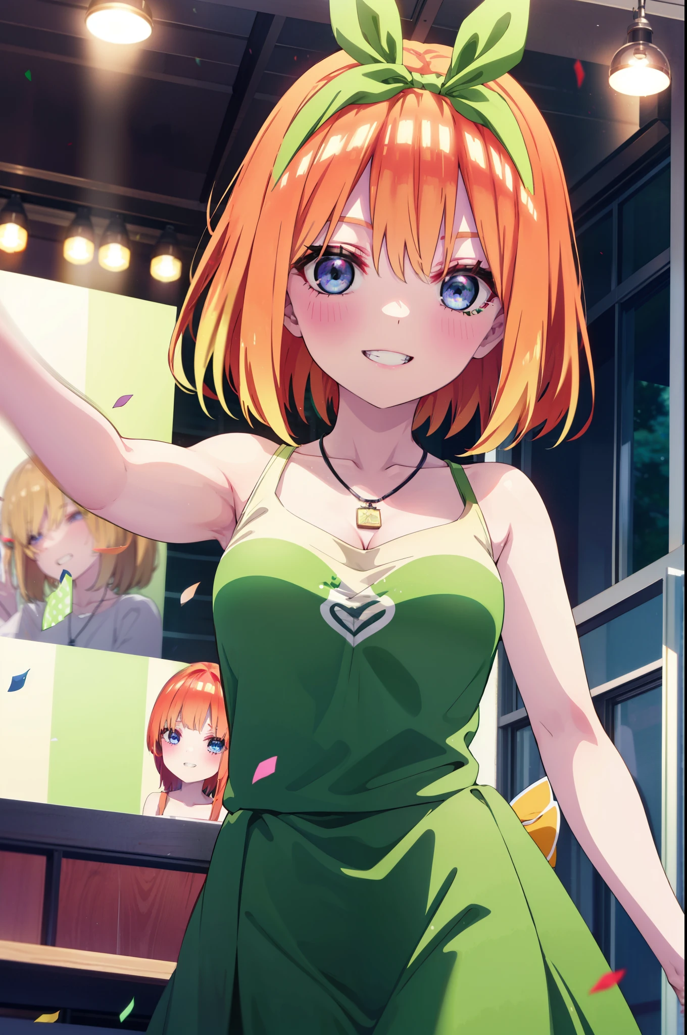 yotsubanakano, Yotsuba Nakano, bangs, short hair, blue eyes, Hair between the eyes, hair ribbon, hair band, Orange Hair, (Green ribbon:1.5), smile, Grin,Star hair ornament,smile,blush,Green sleeveless dress,Long skirt,Red Pin Heel,Sleeveless,naked,nakedの腕,nakedの首,nakedの鎖骨,Locket Necklace,Confetti,There is a birthday cake on the table,
break indoors, on stage,venue,
break looking at viewer, (Cowboy Shot:1.5),
break (masterpiece:1.2), highest quality, High resolution, unity 8k wallpaper, (shape:0.8), (Beautiful details:1.6), Highly detailed face, Perfect lighting, Extremely detailed CG, (Perfect hands, Perfect Anatomy),