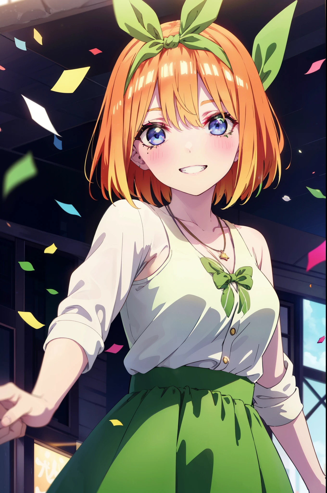 yotsubanakano, Yotsuba Nakano, bangs, short hair, blue eyes, Hair between the eyes, hair ribbon, hair band, Orange Hair, (Green ribbon:1.5), smile, Grin,Star hair ornament,smile,blush,Green sleeveless dress,Long skirt,Red Pin Heel,Sleeveless,naked,nakedの腕,nakedの首,nakedの鎖骨,Locket Necklace,Confetti,There is a birthday cake on the table,
break indoors, on stage,venue,
break looking at viewer, (Cowboy Shot:1.5),
break (masterpiece:1.2), highest quality, High resolution, unity 8k wallpaper, (shape:0.8), (Beautiful details:1.6), Highly detailed face, Perfect lighting, Extremely detailed CG, (Perfect hands, Perfect Anatomy),
