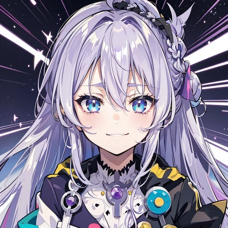 streaked hair, silver hair, purple hair, silver hair, ahoge, asymmetrical hair, hair between eyes, crossed bangs, hair over shoulder, long hair, crown braid, wavy hair, expressive hair, beret, hair ribbon, raised eyebrows, closed eyes, wince, aqua eyes, smile, expressions, smiley, happy, light blush, fingersmile, sweet, excited, teeth, Surrealism, anime, Expressionism, sparkle, bloom, masterpiece, anatomically correct, high details, best quality, award winning