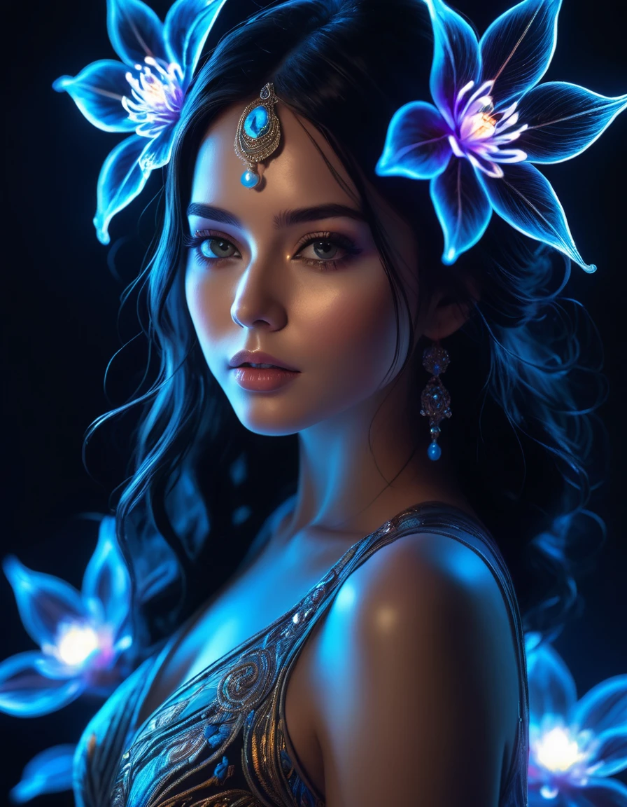 stunningly beautiful girl in the dark, glowing eyes, dark hair, skin glowing,
glowing flowers around the face, something mystical and majestic, magic, sparks from the skin and around, very dark, only light neon light, stunning, charming, masterpiece, high quality, intricate details, high detail , lots of detail, dynamic, intricate details, bohemian, aesthetic, contour, close-up, high quality, work of art, hyper-detailed, professional, filigree, super-detailed, hyperrealism, close-up, isometric, digital art