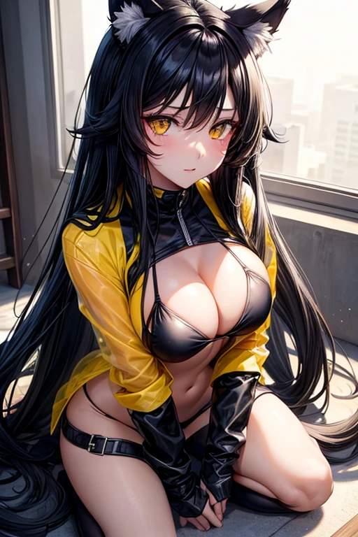 hot girl, beautiful long black hair, bright yellow eyes, sexy black bikini, big but medium breasts, a black jacket no panties and long black transparent socks, wolf ears, breasts visible
