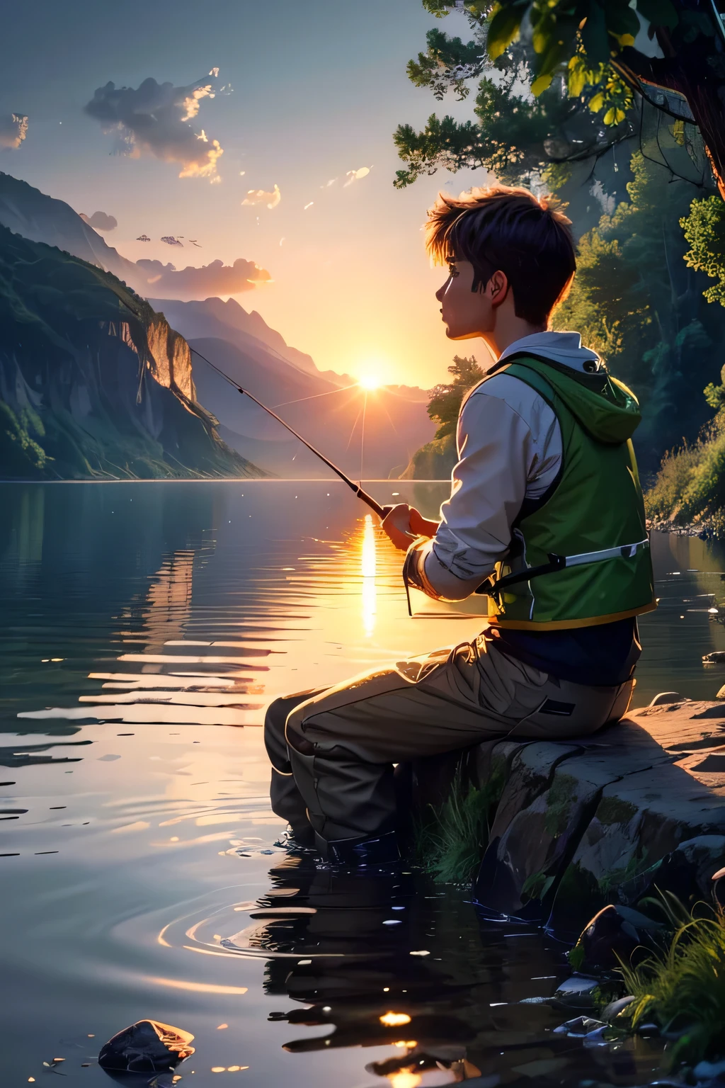 passionate fisherman, peaceful lakeside scene, early morning sunrise, fishing rod and bait, calm water reflections, serene atmosphere, gentle breeze, patiently waiting for a bite, anticipation and excitement, fish jumping out of the water, vibrant colors of nature, soothing sounds of nature, experienced angler, focused and determined, deep connection with nature, feeling at one with the environment, the thrill of reeling in a big catch, satisfaction and joy, moments of tranquility, sense of achievement, capturing the beauty of the outdoors, appreciation for the simple pleasures in life, love for the art of fishing, capturing the perfect fishing moment, a masterpiece in the making. (best quality,4k,8k,highres,masterpiece:1.2),ultra-detailed,(realistic,photorealistic,photo-realistic:1.37), HDR, UHD, studio lighting, ultra-fine painting, sharp focus, physically-based rendering, extreme detail description, professional, vivid colors, bokeh, portraits, landscape