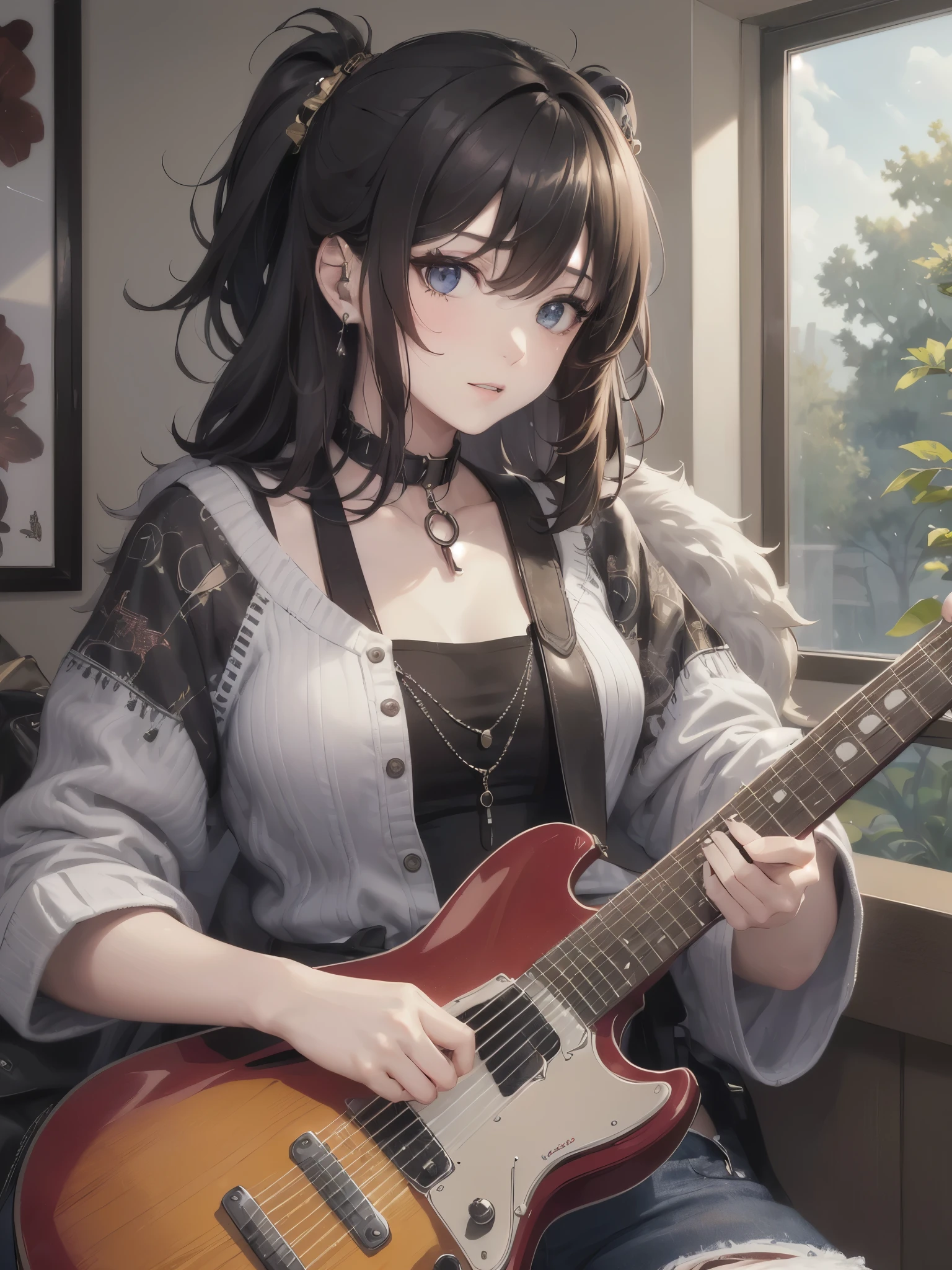 ((highest quality)),(Ultra-high resolution),(Very detailed),(Detailed Description),((The best CG)),(A masterpiece),Ultra-detailed art,Amazing drawing art,(Art with exquisite detail:1.5), (Female guitarist playing the guitar:1.6)