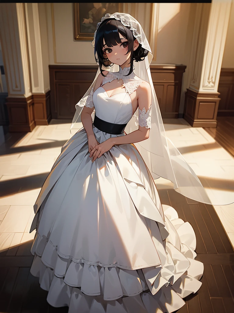 1girl, black hair, black eyes, wedding dress, ballroom, masterpiece, beautiful face, detailed eyes, clean fingers, standing upright, detailed background