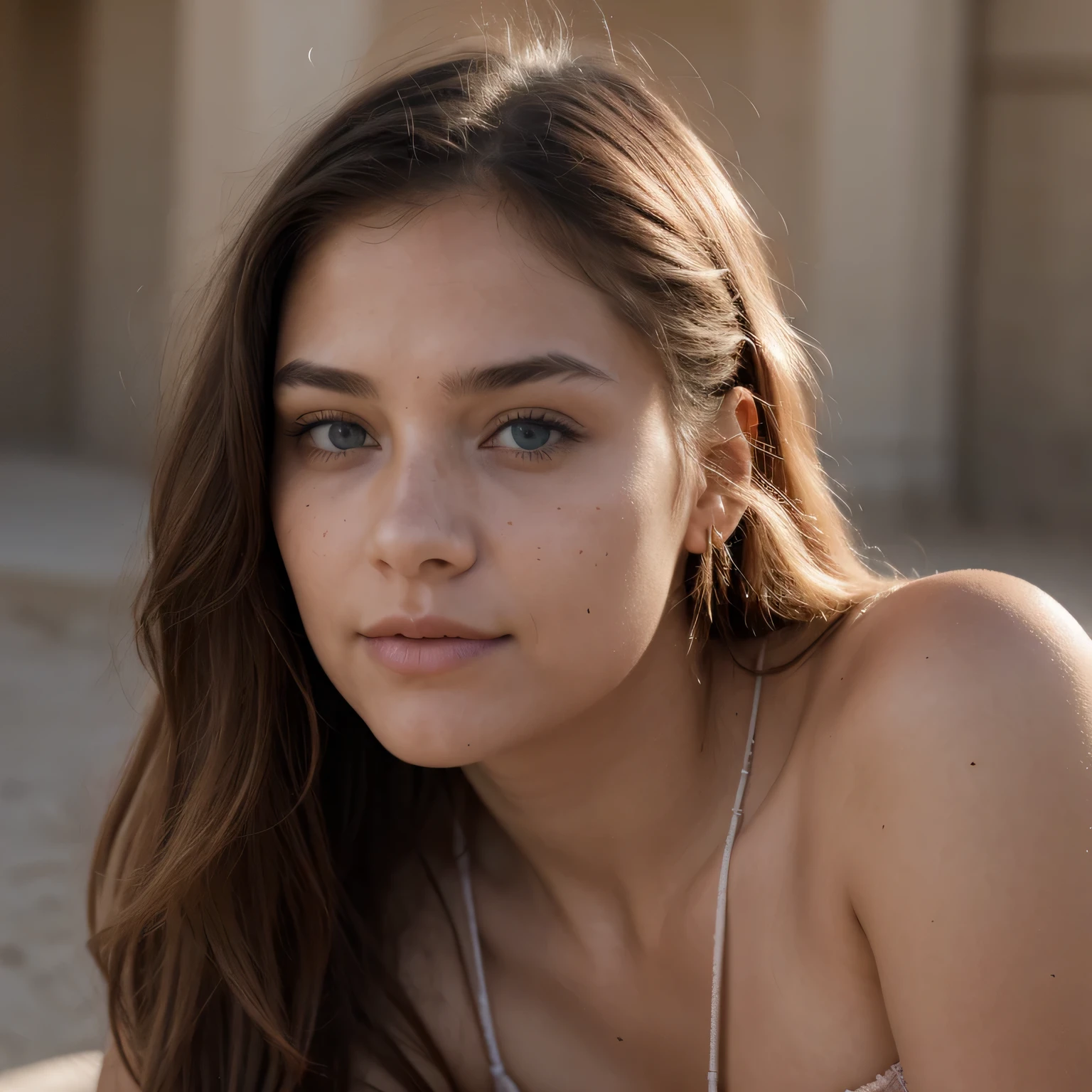 photo of a college student, in Desert Color Coarse Linen Pink,Desert Color Coarse Linen, (freckles:0.8) cute face, sci-fi, dystopian, detailed eyes, Heterochromia eyes（（Side view））（Lunar soil）