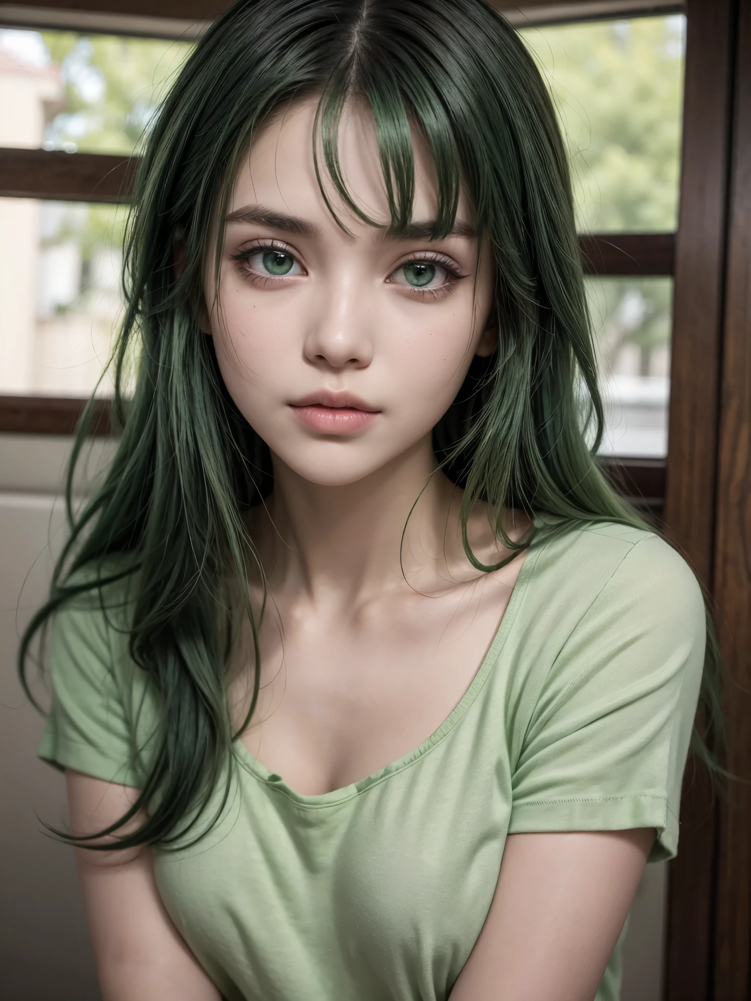 full body of a girl. european. extremely detailed face. delicate features. oval face. long face. half-closed eyes. green eyes. long straight hair. green hair. big breasts. silk skirt. sad. shy. timid