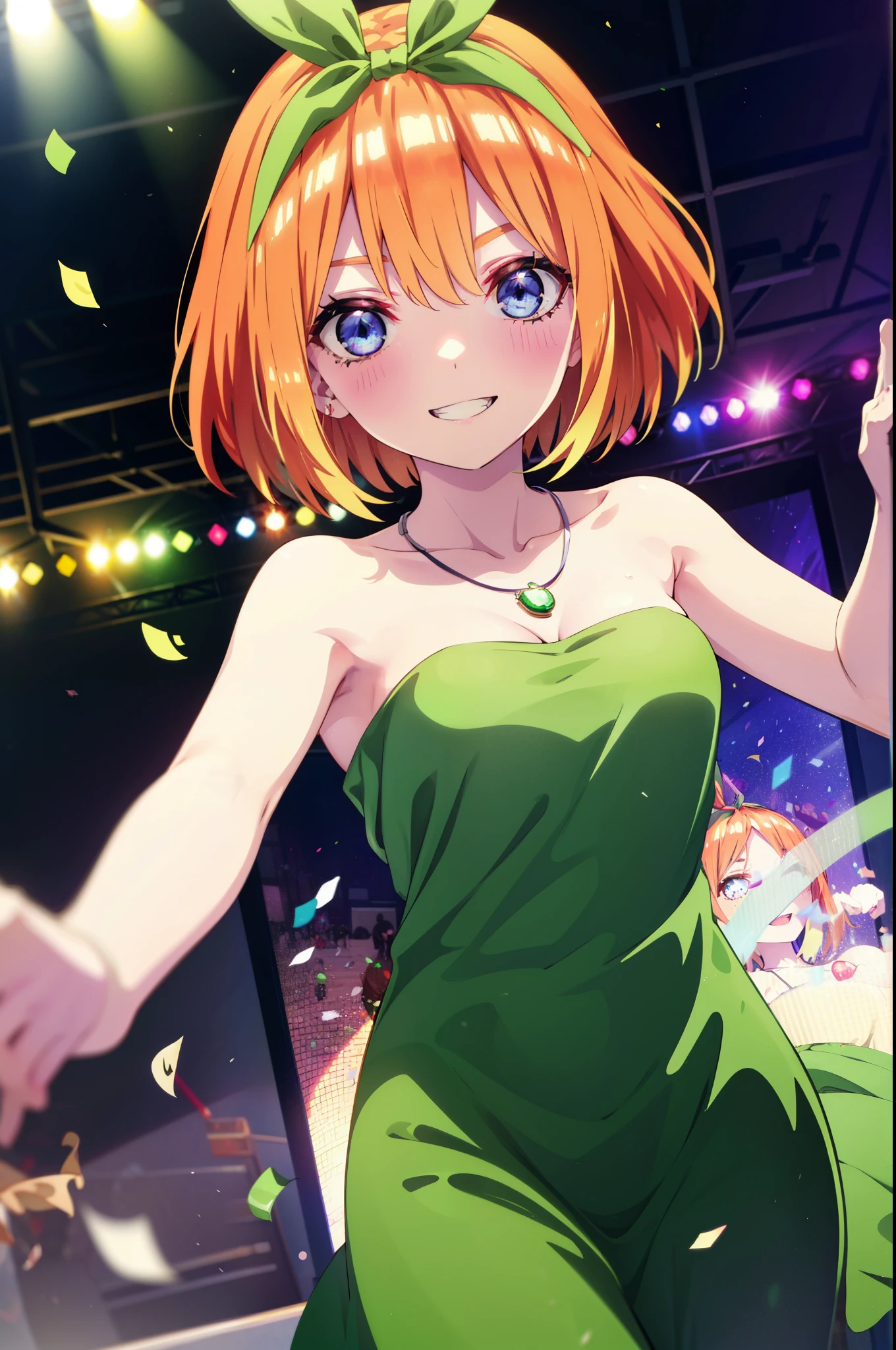yotsubanakano, Yotsuba Nakano, bangs, short hair, blue eyes, Hair between the eyes, hair ribbon, hair band, Orange Hair, (Green ribbon:1.5), smile, Grin,Star hair ornament,smile,blush,Green sleeveless dress,Long skirt,Red Pin Heel,Sleeveless,naked,nakedの腕,nakedの首,nakedの鎖骨,Locket Necklace,Confetti,There is a birthday cake on the table,
break indoors, on stage,venue,
break looking at viewer, (Cowboy Shot:1.5),
break (masterpiece:1.2), highest quality, High resolution, unity 8k wallpaper, (shape:0.8), (Beautiful details:1.6), Highly detailed face, Perfect lighting, Extremely detailed CG, (Perfect hands, Perfect Anatomy),