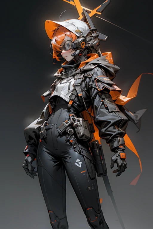 A sci-fi stylized young girl. Multiple-layered raincoat covering a whole body with a "HOPE" text on it. Short orange hair, calm expression. Square bulky visor completely covering the eyes, hood. Cybornetic long legs. Gloved hands. The clothes are black and dark-grey colored. Small crucifix on the chest. 6 small sphere drones with orange neon lights on it floating around separately. Right hand reaching forward. Night Time. Photo realistic.