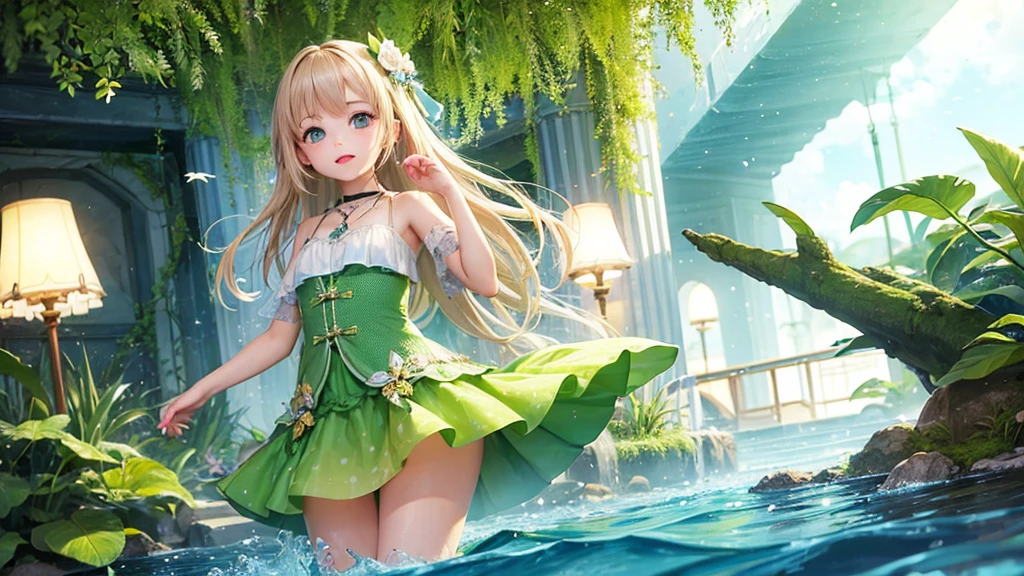 Girl playing in the water small fish green Fantasy mystery Light