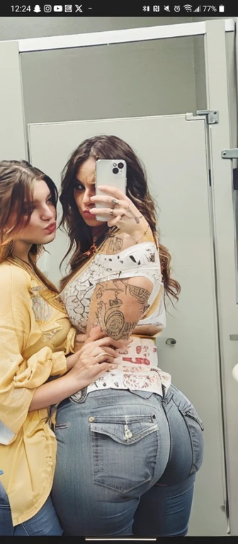 two women taking a selfie in a mirror in a bathroom, bella thorne and megan fox, high quality upload, snapchat photo, mirror selfie, beautiful girls, posing!!, profile image, lana del rey and zoë kravitz, 💋 💄 👠 👗, profile picture, selfie photo, profile pic, two models in the frame, beautiful women, mirror selfie, beautiful girl, big ass, huge ass, bbw, from behind, thick, thick thighs, wide hips, bbw, big , sideboob, giant ass, back view, big butt, round butt, tight underwear, underwear halfway off, underwear taking off, grabbing ass, ass spilling over underwear, too thick for clothes, looking left, leftwards, naked, no clothes, no pants, bikini