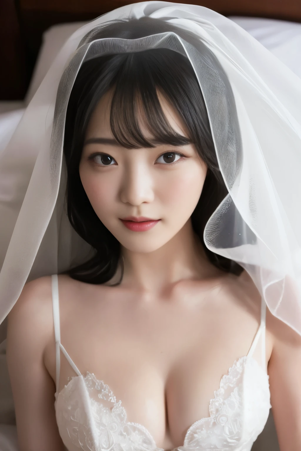 Masterpiece、highest quality、Photo realistic、Woman 1、Super detailed、【View from directly above】 Black Hair、Straight Hair、Light bangs Wedding dress、White Veil Cleavage 【Lying on the sheets】 White sheets