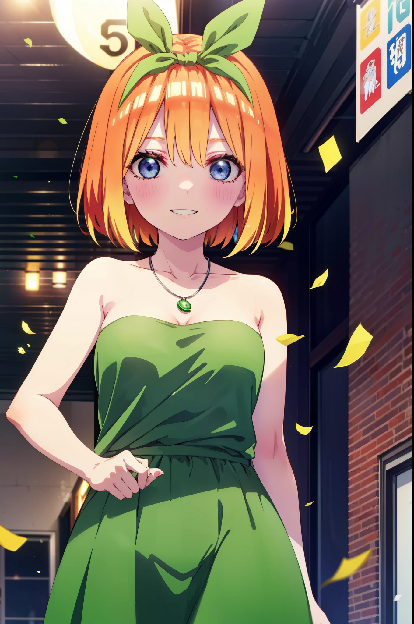 yotsubanakano, Yotsuba Nakano, bangs, short hair, blue eyes, Hair between the eyes, hair ribbon, hair band, Orange Hair, (Green ribbon:1.5), smile, Grin,Star hair ornament,smile,blush,Green sleeveless dress,Long skirt,Red Pin Heel,Sleeveless,naked,nakedの腕,nakedの首,nakedの鎖骨,Locket Necklace,Confetti,There is a birthday cake on the table,
break indoors, on stage,venue,
break looking at viewer, (Cowboy Shot:1.5),
break (masterpiece:1.2), highest quality, High resolution, unity 8k wallpaper, (shape:0.8), (Beautiful details:1.6), Highly detailed face, Perfect lighting, Extremely detailed CG, (Perfect hands, Perfect Anatomy),