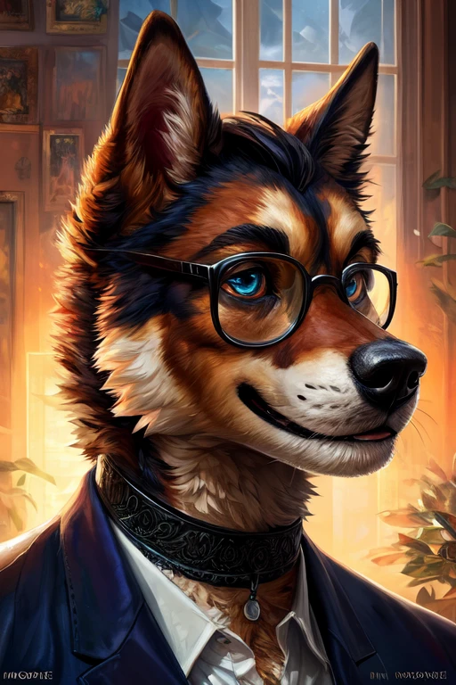 a male anthro dog, detailed dog fur, choker, glasses, smile, intricate, aesthetic, sitting on the sofa, UHD image, extremely detailed fur, insane details, photorealistic, concept art, professional art, masterpiece, detailed face, intricate detail, by baptiste monge, leonid afremov, portrait