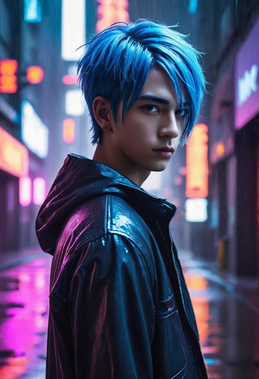 A boy with a rebellious and cool attitude, sporting neon-blue hair and cybernetic eye implants, is standing in a neon-lit urban alley. The streets are drenched in rain, reflecting the vibrant and colorful lights. The overall atmosphere is dystopian, with a futuristic touch.
The boy in the image should have a digital avatar appearance, a perfect blend of virtual and reality. His face should be detailed, with beautifully detailed eyes, lips, and a sharp jawline. His cybernetic eye implants should be prominently visible, enhancing the futuristic feel.
To emphasize his rebellious nature, he should be dressed in futuristic clothing, with a hint of cyberpunk style. Think of a mix of leather and metallic textures, complemented with various high-tech accessories like glowing bracelets or tech-inspired jewelry.
The urban alley should be surrounded by towering buildings, covered in neon lights, creating a stunning visual effect. The neon lighting effects should be vibrant and captivating, casting colorful reflections on the wet and reflective surfaces of the rain-drenched streets.
The rain should be depicted as a central element, with details of the water droplets falling and splashing on the ground. The wet textures should add depth and realism to the overall image.
The color palette should revolve around neon colors—bright blues, pinks, and purples—creating a cyberpunk aesthetic. The lighting should be dynamic, with a mix of intense and subtle neon lights illuminating the scene, casting intriguing shadows and highlights.
To ensure high image quality, please include the following tags at the beginning of the prompt: (best quality, 4k, 8k, highres, masterpiece:1.2), ultra-detailed, (realistic, photorealistic, photo-realistic:1.37).
The final image should convey a sense of a cyberpunk-inspired dystopian world, with the focus on the rebellious and cool digital avatar of the 17-year-old neon-lit urban alley.