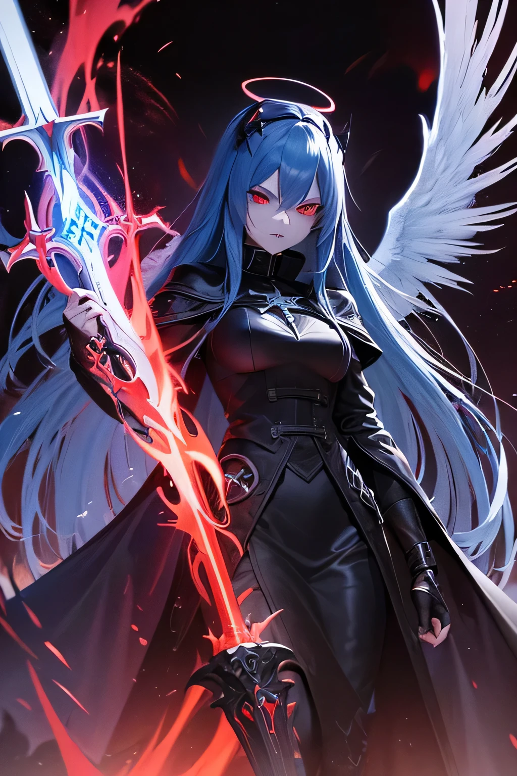 (dark,menacing:1.2),evil dark angel, (long blue hair:1.1), (red halo:1.1), (flaming sword:1.1) shaped like a cross, (dark fantasy:1.2), (red eyes:1.1), (black wings:1.1), (sinister aura:1.1), eerie atmosphere, (ominous shadows:1.1), (mysterious background:1.1), (intense lighting:1.1), (dramatic pose:1.1), medieval, soaked in blood, gore, horror