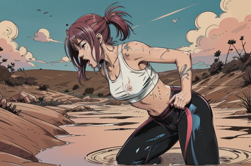 (vector image:1.2), (best quality), (highres), (masterpiece), (anime), (young age girl head), (gloomy orgasm:1.1),(colored hair), (blush), (sporty top),(sporty wetlook leggings), (completely drowned in quicksand bog), (red), tattoo, tears,sky, can't get out, from side