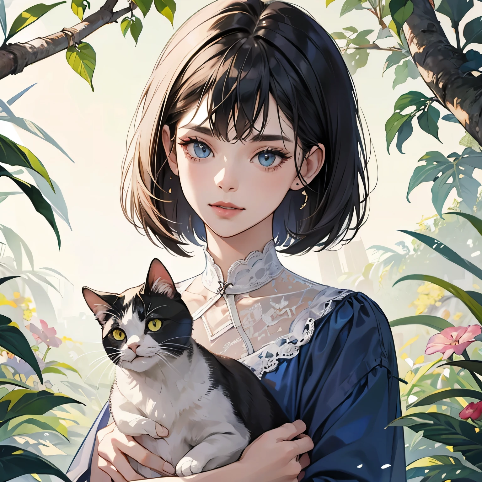 Woman holding a cat, sideways, bob cut